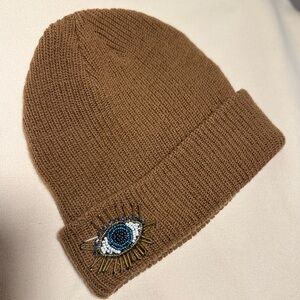 Brown Beaded Eye Knit Beanie- New, Handmade, Never Used